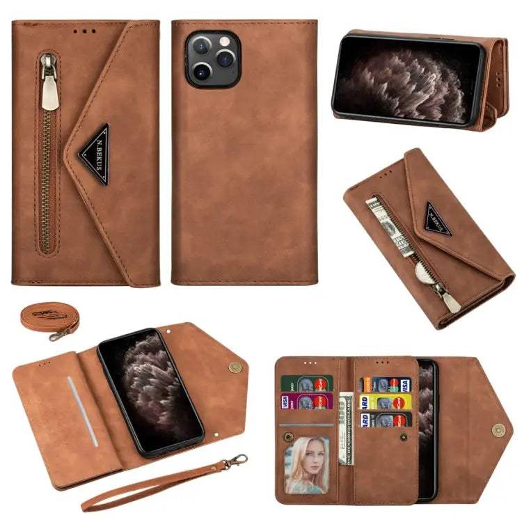 Skin Feel Zipper Horizontal Flip Leather Case with Holder & Card Slots & Photo Frame & Lanyard & Long Rope For iPhone