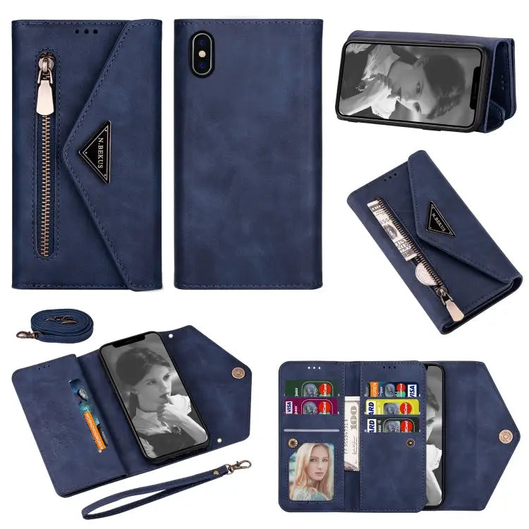 Skin Feel Zipper Horizontal Flip Leather Case with Holder & Card Slots & Photo Frame & Lanyard & Long Rope For iPhone