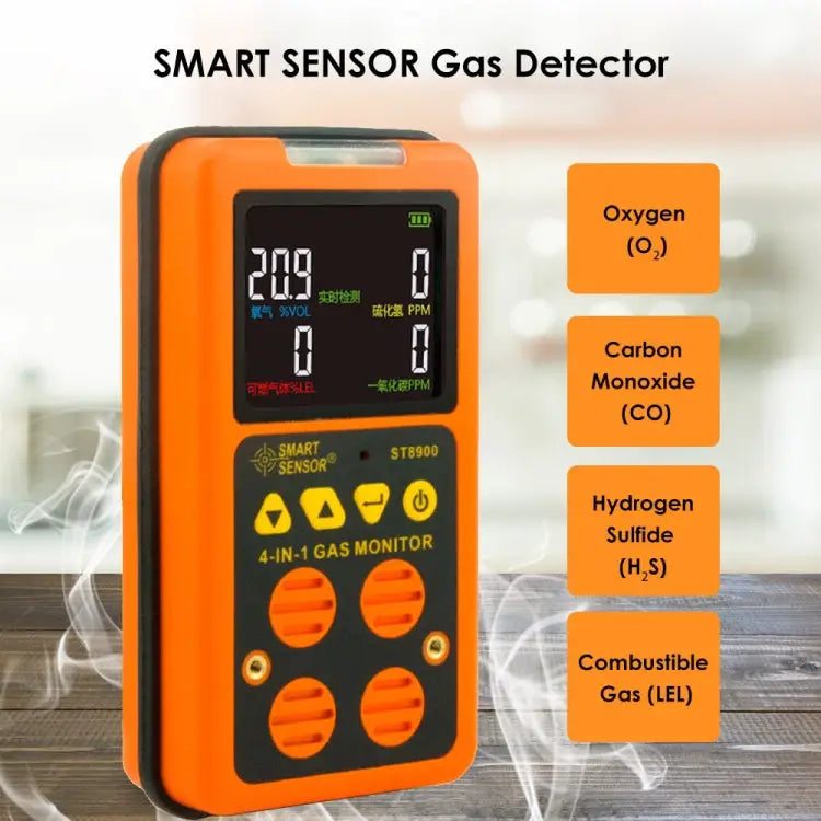 SMART SENSOR ST8900 4 in 1 Toxic Gas CO Carbon Monoxide Detector Hydrogen Sulfide H2S Oxygen Combustible Gas Test LCD