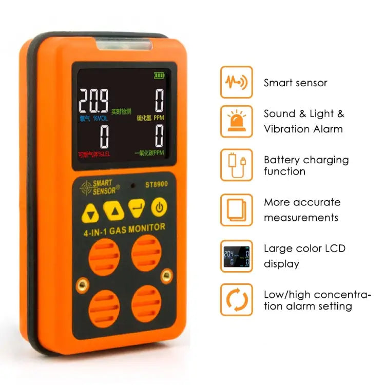 SMART SENSOR ST8900 4 in 1 Toxic Gas CO Carbon Monoxide Detector Hydrogen Sulfide H2S Oxygen Combustible Gas Test LCD