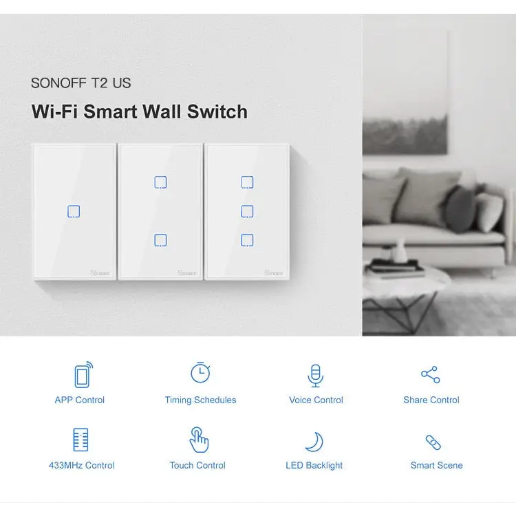 Sonoff T2 Touch 120mm Tempered Glass Panel Wall Switch Smart Home Light Touch Switch Compatible with Alexa and Google