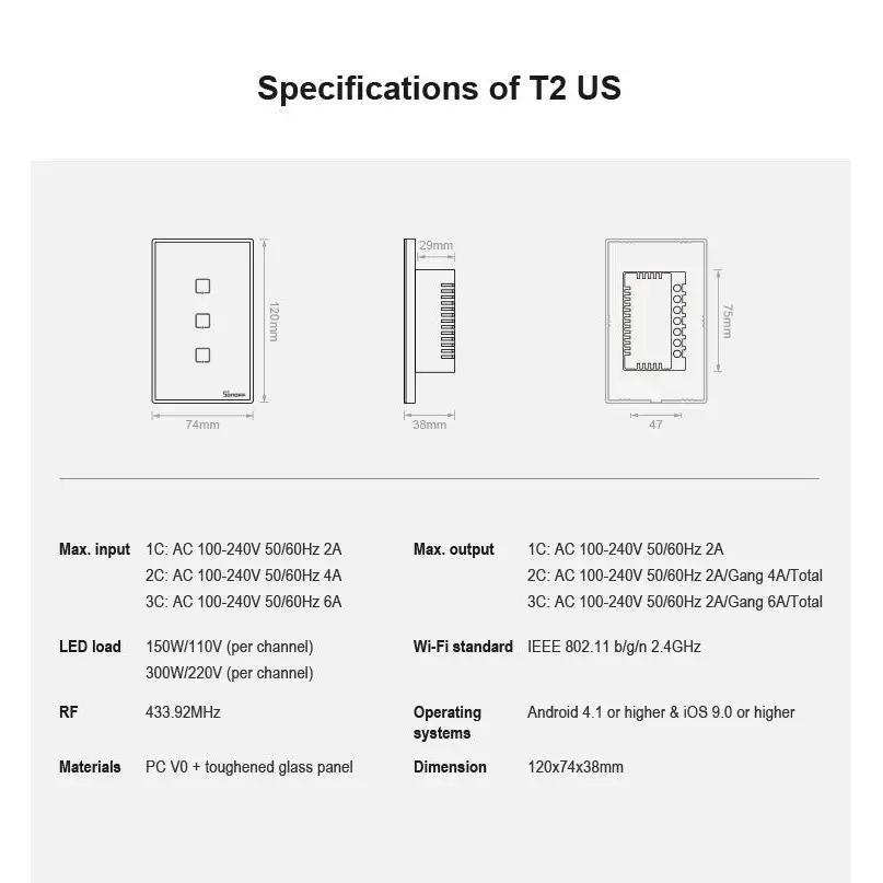 Sonoff T2 Touch 120mm Tempered Glass Panel Wall Switch Smart Home Light Touch Switch Compatible with Alexa and Google