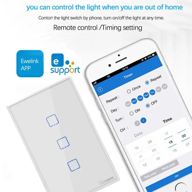 Sonoff T2 Touch 120mm Tempered Glass Panel Wall Switch Smart Home Light Touch Switch Compatible with Alexa and Google