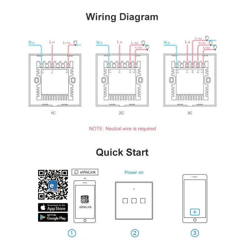 Sonoff T2 Touch 86mm Tempered Glass Panel Wall Switch Smart Home Light Touch Switch Compatible with Alexa and Google