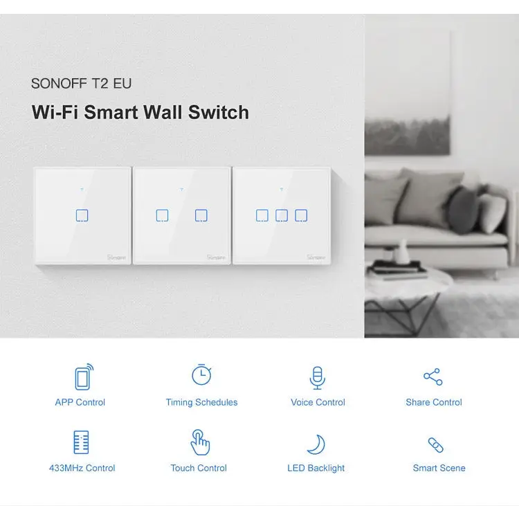 Sonoff T2 Touch 86mm Tempered Glass Panel Wall Switch Smart Home Light Touch Switch Compatible with Alexa and Google