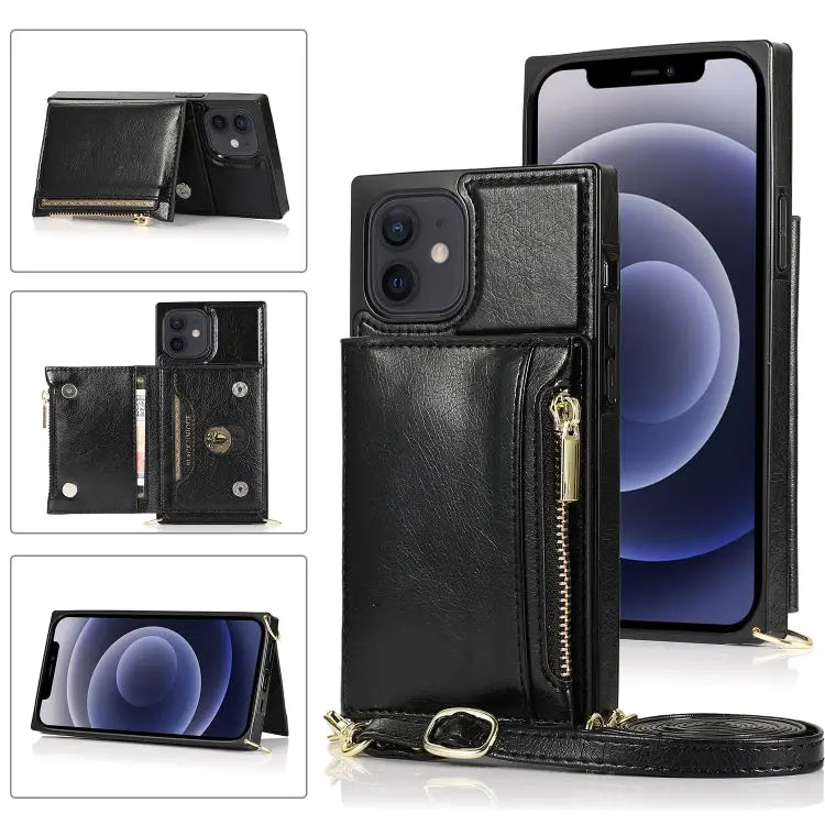 Square Zipper Wallet Bag TPU + PU Back Cover Case with Holder & Card Slots & Wallet & Cross-body Strap For iPhone 8