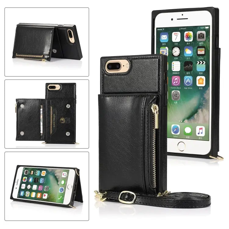 Square Zipper Wallet Bag TPU + PU Back Cover Case with Holder & Card Slots & Wallet & Cross-body Strap For iPhone 8