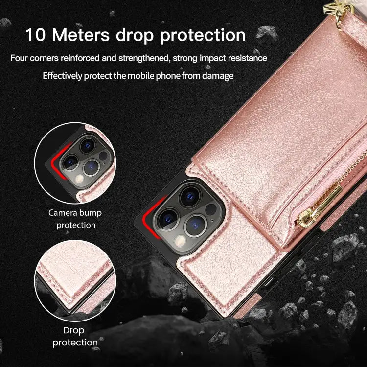 Square Zipper Wallet Bag TPU + PU Back Cover Case with Holder & Card Slots & Wallet & Cross-body Strap For iPhone 12