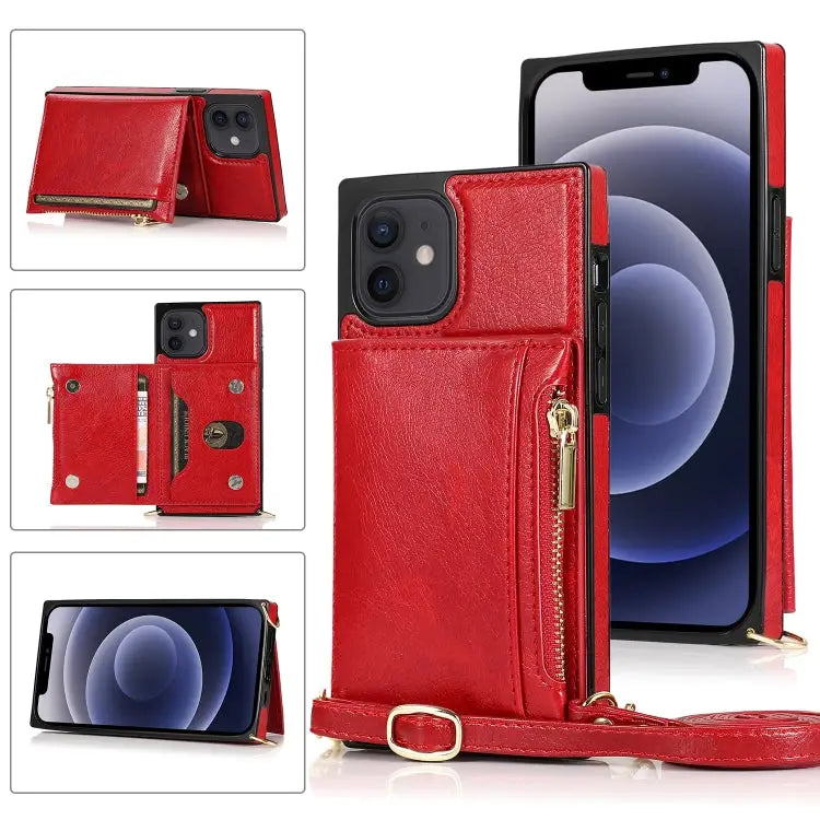 Square Zipper Wallet Bag TPU + PU Back Cover Case with Holder & Card Slots & Wallet & Cross-body Strap For iPhone 8