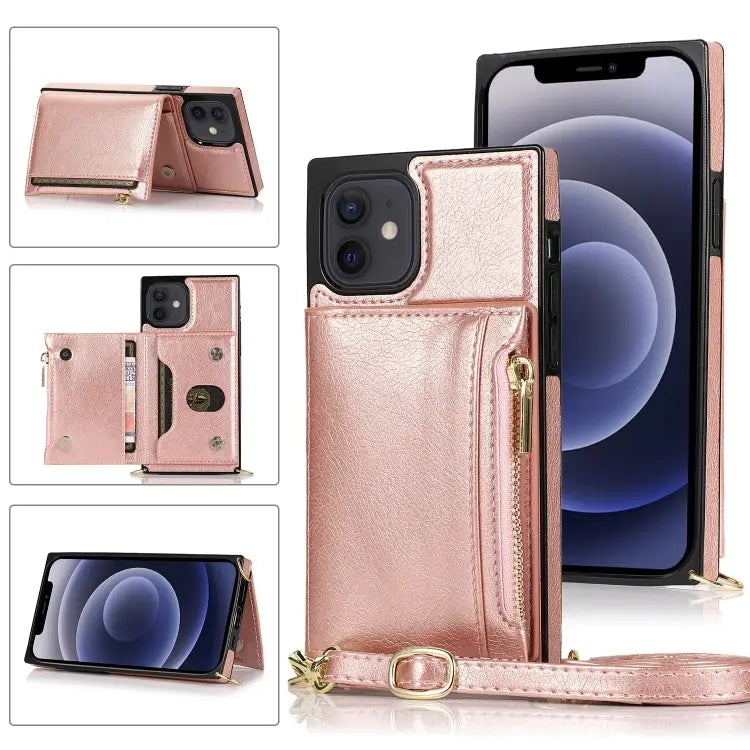Square Zipper Wallet Bag TPU + PU Back Cover Case with Holder & Card Slots & Wallet & Cross-body Strap For iPhone 8