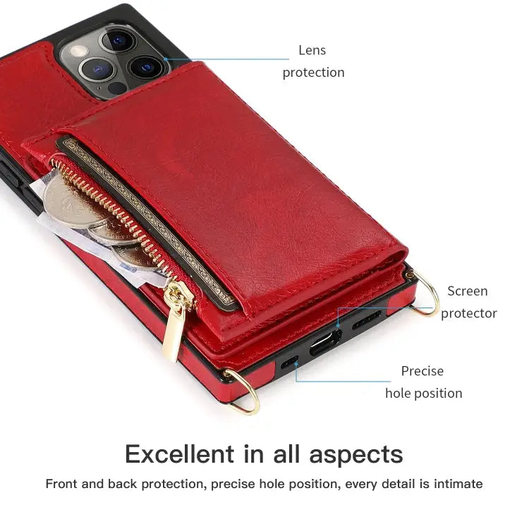 Square Zipper Wallet Bag TPU + PU Back Cover Case with Holder & Card Slots & Wallet & Cross-body Strap For iPhone 12