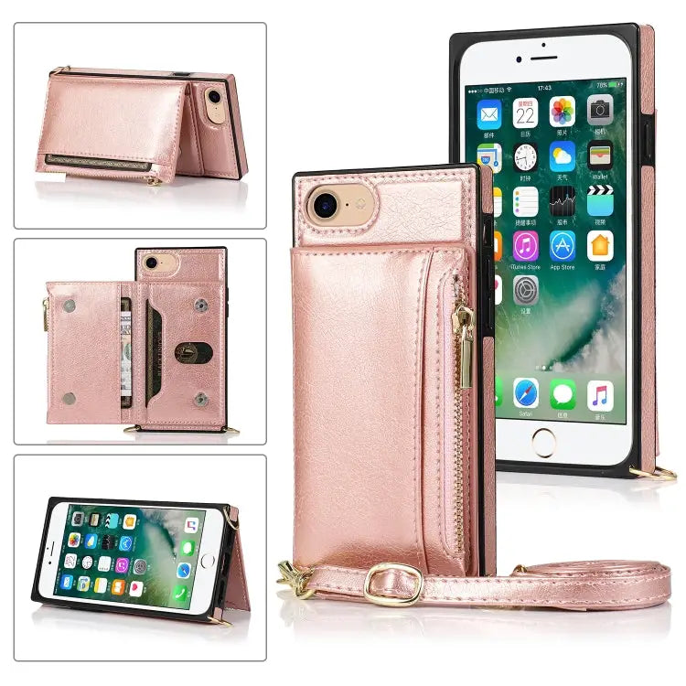 Square Zipper Wallet Bag TPU + PU Back Cover Case with Holder & Card Slots & Wallet & Cross-body Strap For iPhone 8
