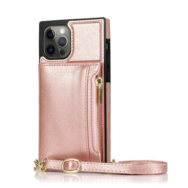Square Zipper Wallet Bag TPU + PU Back Cover Case with Holder & Card Slots & Wallet & Cross-body Strap For iPhone 12
