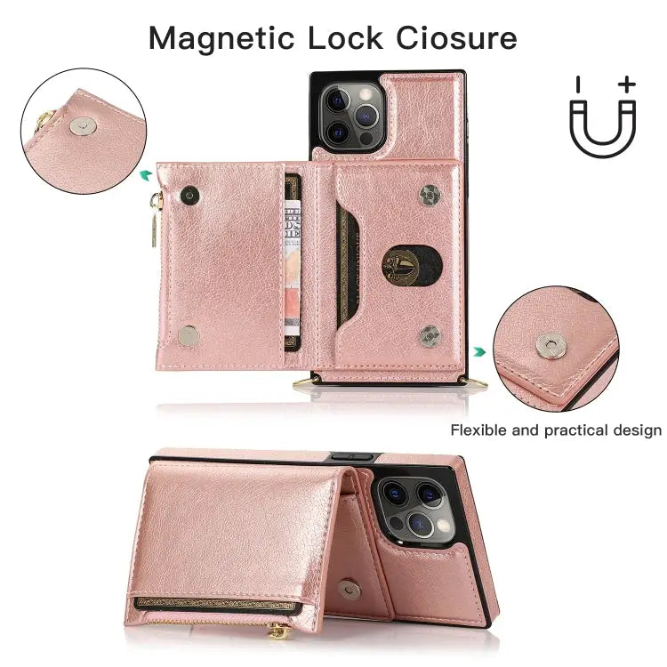 Square Zipper Wallet Bag TPU + PU Back Cover Case with Holder & Card Slots & Wallet & Cross-body Strap For iPhone 12