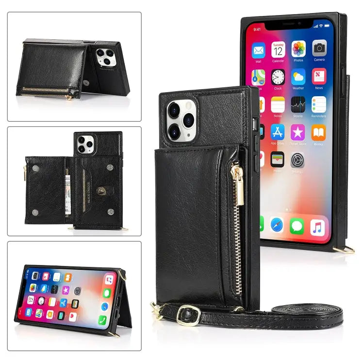Square Zipper Wallet Bag TPU + PU Back Cover Case with Holder & Card Slots & Wallet & Cross-body Strap For iPhone 8