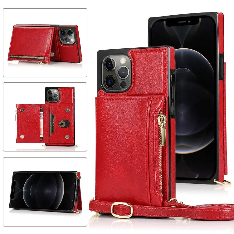Square Zipper Wallet Bag TPU + PU Back Cover Case with Holder & Card Slots & Wallet & Cross-body Strap For iPhone 12