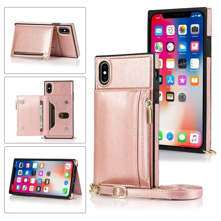 Square Zipper Wallet Bag TPU + PU Back Cover Case with Holder & Card Slots & Wallet & Cross-body Strap For iPhone 12