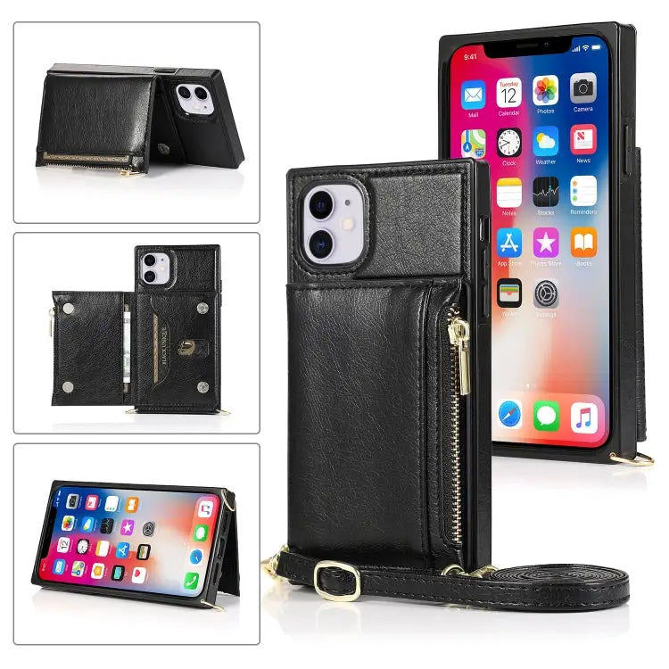 Square Zipper Wallet Bag TPU + PU Back Cover Case with Holder & Card Slots & Wallet & Cross-body Strap For iPhone 8