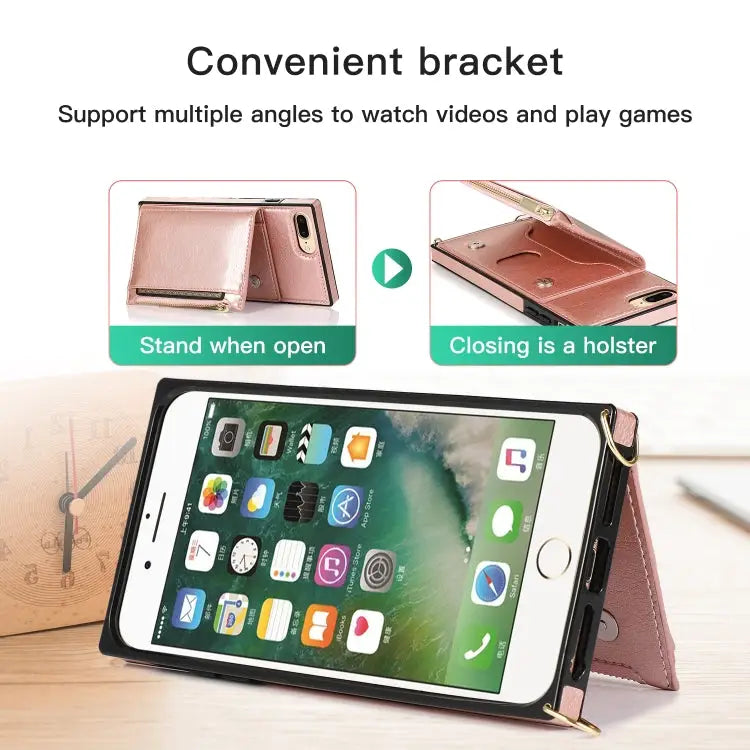 Square Zipper Wallet Bag TPU + PU Back Cover Case with Holder & Card Slots & Wallet & Cross-body Strap For iPhone 8
