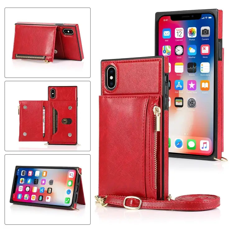 Square Zipper Wallet Bag TPU + PU Back Cover Case with Holder & Card Slots & Wallet & Cross-body Strap For iPhone 12