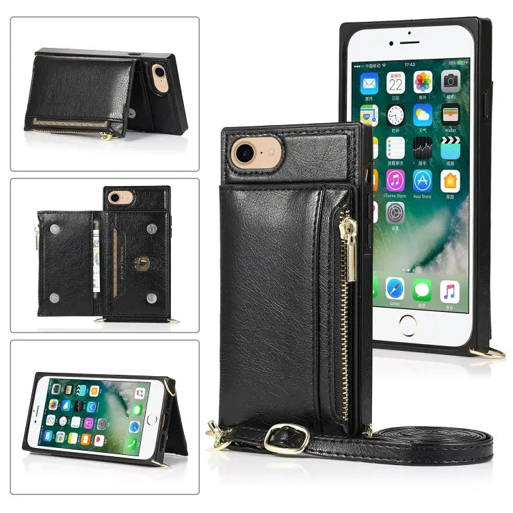 Square Zipper Wallet Bag TPU + PU Back Cover Case with Holder & Card Slots & Wallet & Cross-body Strap For iPhone 8