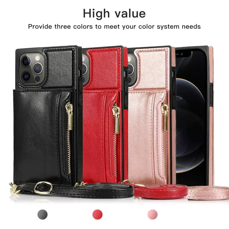 Square Zipper Wallet Bag TPU + PU Back Cover Case with Holder & Card Slots & Wallet & Cross-body Strap For iPhone 12