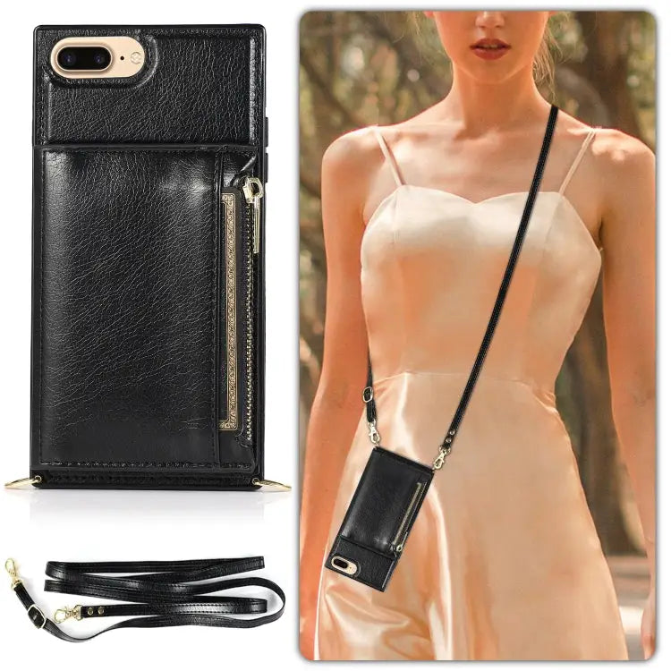 Square Zipper Wallet Bag TPU + PU Back Cover Case with Holder & Card Slots & Wallet & Cross-body Strap For iPhone 8