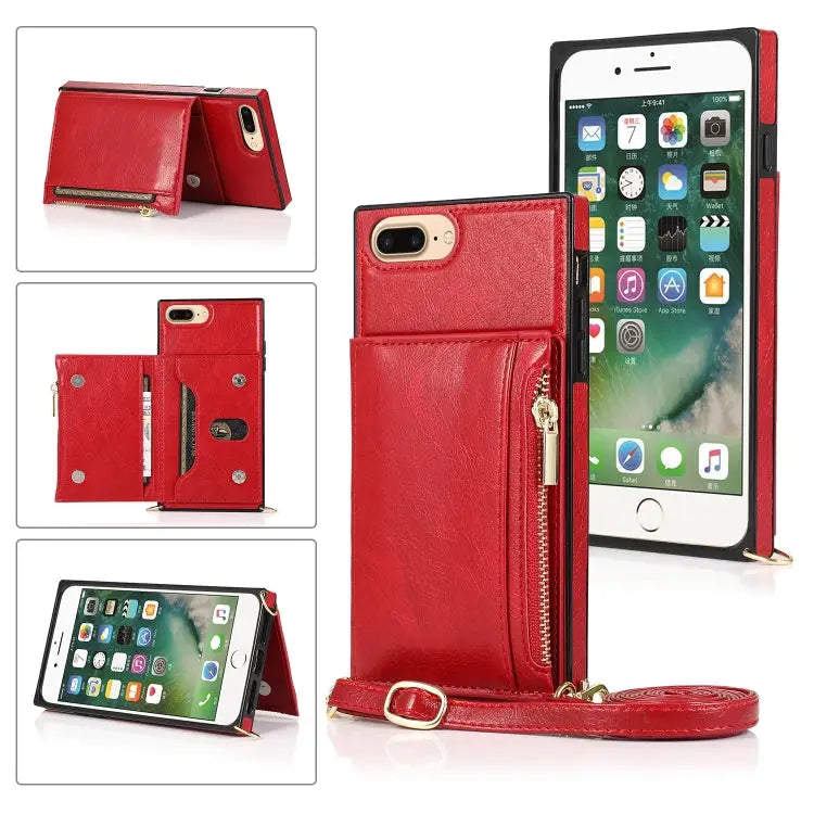 Square Zipper Wallet Bag TPU + PU Back Cover Case with Holder & Card Slots & Wallet & Cross-body Strap For iPhone 8