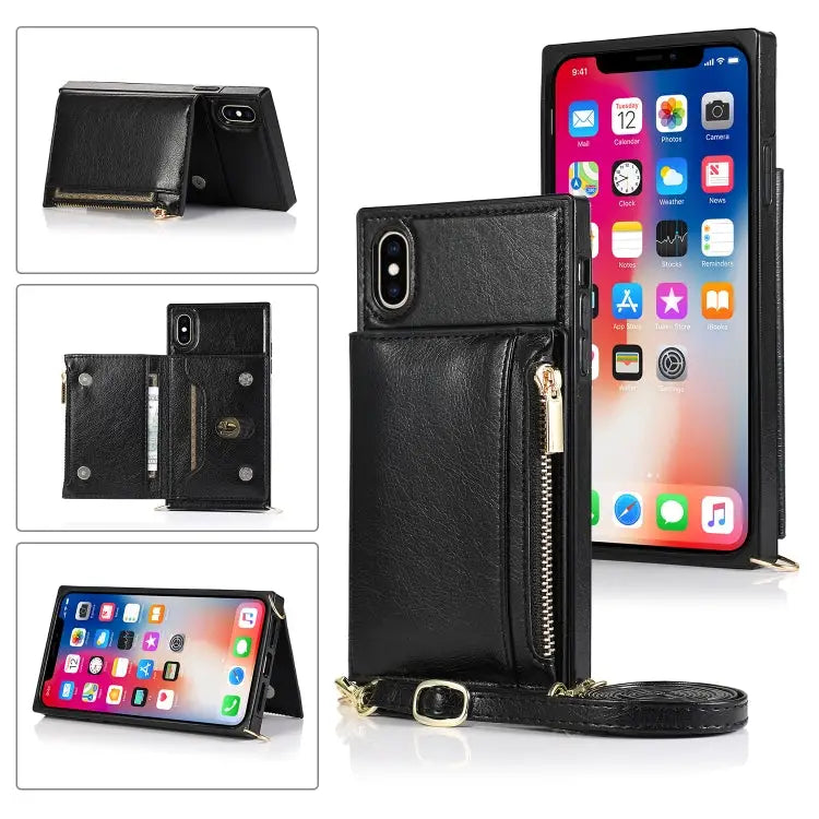 Square Zipper Wallet Bag TPU + PU Back Cover Case with Holder & Card Slots & Wallet & Cross-body Strap For iPhone 12