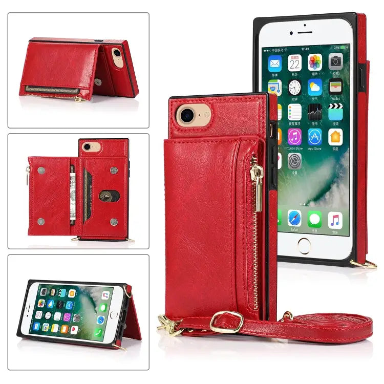 Square Zipper Wallet Bag TPU + PU Back Cover Case with Holder & Card Slots & Wallet & Cross-body Strap For iPhone 8