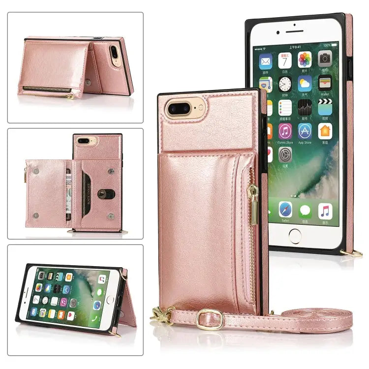 Square Zipper Wallet Bag TPU + PU Back Cover Case with Holder & Card Slots & Wallet & Cross-body Strap For iPhone 8