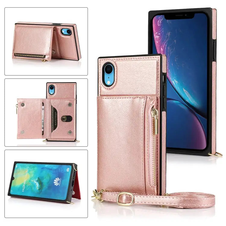 Square Zipper Wallet Bag TPU + PU Back Cover Case with Holder & Card Slots & Wallet & Cross-body Strap For iPhone 8