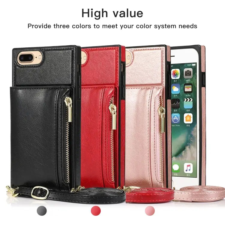 Square Zipper Wallet Bag TPU + PU Back Cover Case with Holder & Card Slots & Wallet & Cross-body Strap For iPhone 8