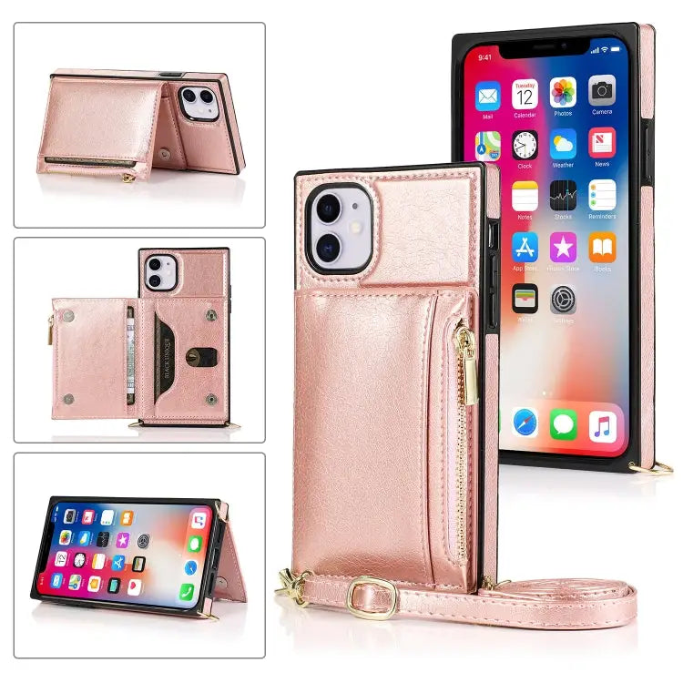 Square Zipper Wallet Bag TPU + PU Back Cover Case with Holder & Card Slots & Wallet & Cross-body Strap For iPhone 8