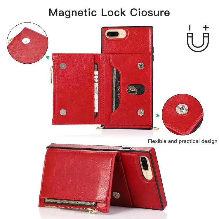 Square Zipper Wallet Bag TPU + PU Back Cover Case with Holder & Card Slots & Wallet & Cross-body Strap For iPhone 8