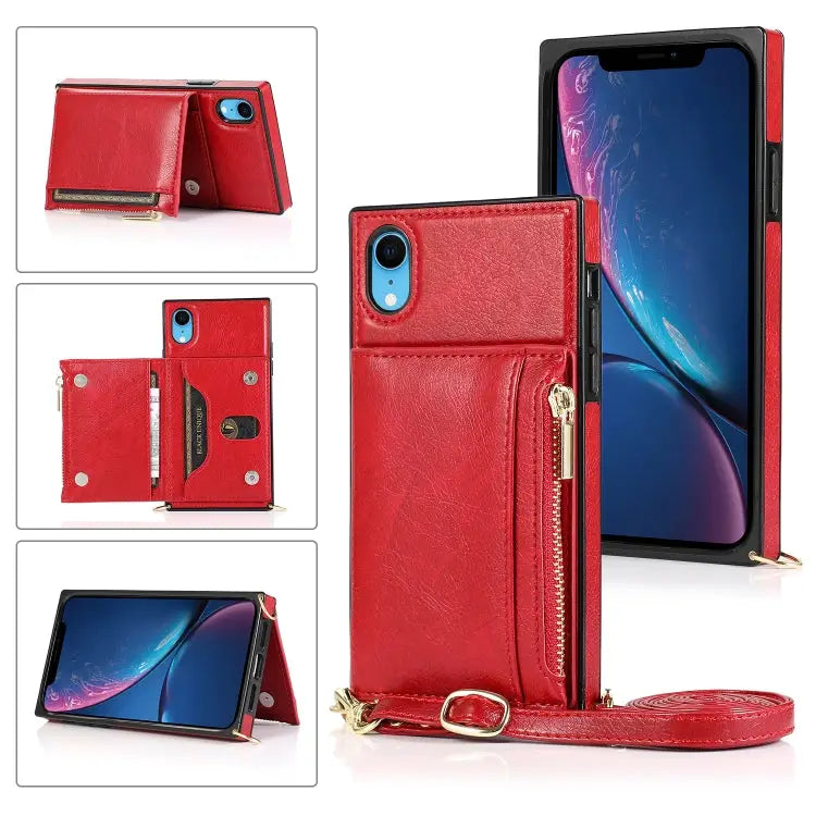 Square Zipper Wallet Bag TPU + PU Back Cover Case with Holder & Card Slots & Wallet & Cross-body Strap For iPhone 8