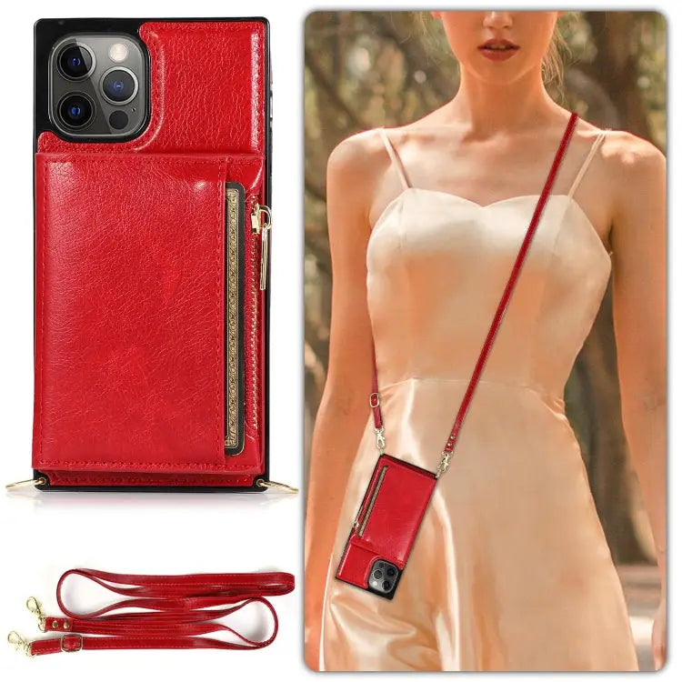 Square Zipper Wallet Bag TPU + PU Back Cover Case with Holder & Card Slots & Wallet & Cross-body Strap For iPhone 12