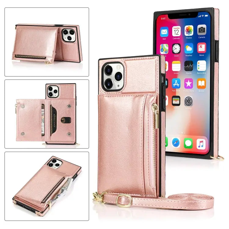 Square Zipper Wallet Bag TPU + PU Back Cover Case with Holder & Card Slots & Wallet & Cross-body Strap For iPhone 8