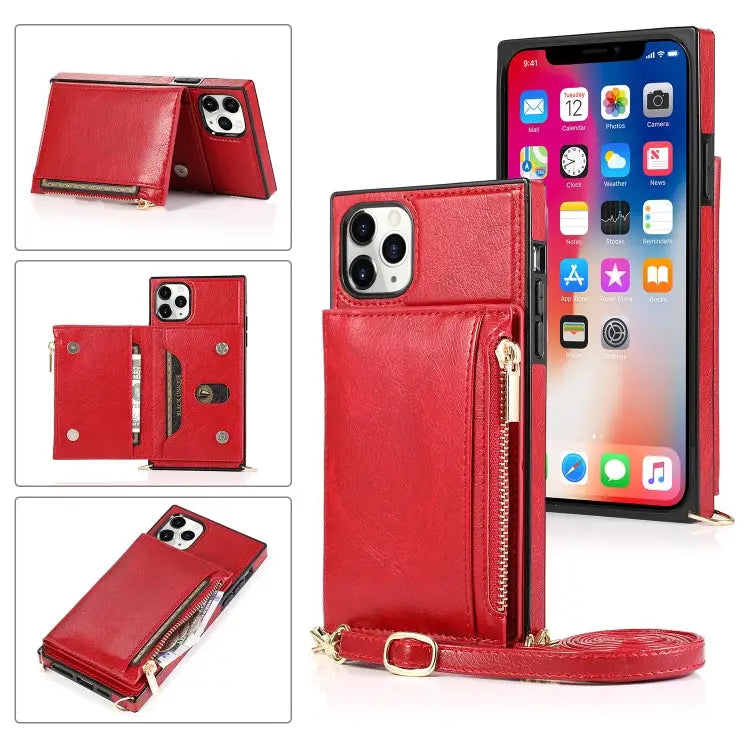 Square Zipper Wallet Bag TPU + PU Back Cover Case with Holder & Card Slots & Wallet & Cross-body Strap For iPhone 8