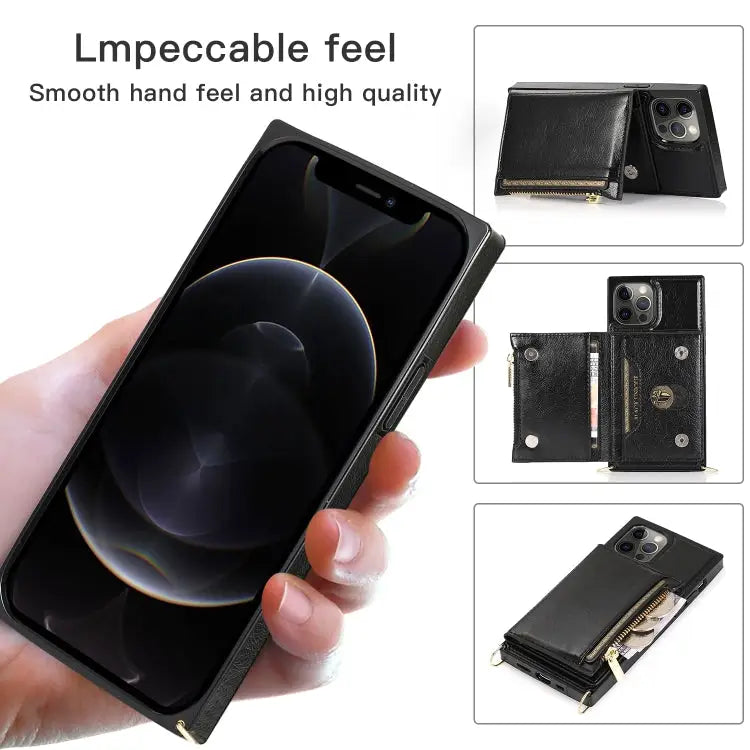 Square Zipper Wallet Bag TPU + PU Back Cover Case with Holder & Card Slots & Wallet & Cross-body Strap For iPhone 12