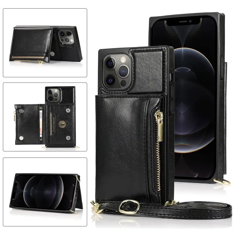 Square Zipper Wallet Bag TPU + PU Back Cover Case with Holder & Card Slots & Wallet & Cross-body Strap For iPhone 12