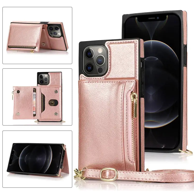 Square Zipper Wallet Bag TPU + PU Back Cover Case with Holder & Card Slots & Wallet & Cross-body Strap For iPhone 12