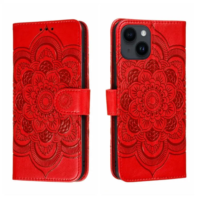 Sun Mandala Embossing Leather Phone Case For iPhone 14 / 13 For iPhone 14 Plus For iPhone 14 Pro - For iPhone 14 Plus