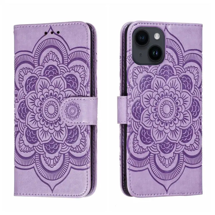 Sun Mandala Embossing Leather Phone Case For iPhone 14 / 13 For iPhone 14 Plus For iPhone 14 Pro - For iPhone 14 Plus