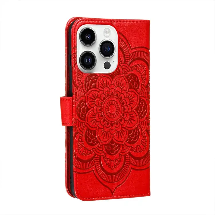 Sun Mandala Embossing Leather Phone Case For iPhone 14 Pro Max - Apple Accessories