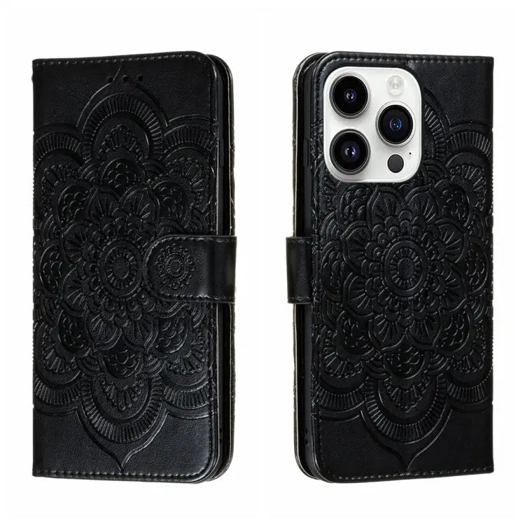 Sun Mandala Embossing Leather Phone Case For iPhone 15 Pro For iPhone 15 Plus For iPhone 15 - For iPhone 15 Pro / Black