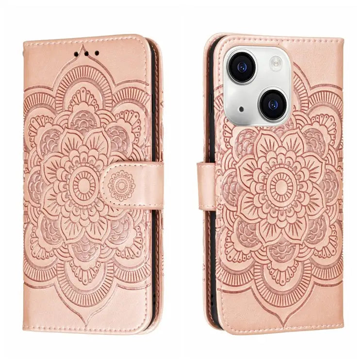Sun Mandala Embossing Leather Phone Case For iPhone 15 Pro For iPhone 15 Plus For iPhone 15 - For iPhone 15 Plus / Rose