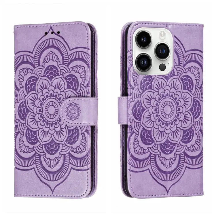 Sun Mandala Embossing Leather Phone Case For iPhone 15 Pro For iPhone 15 Plus For iPhone 15 - For iPhone 15 Pro