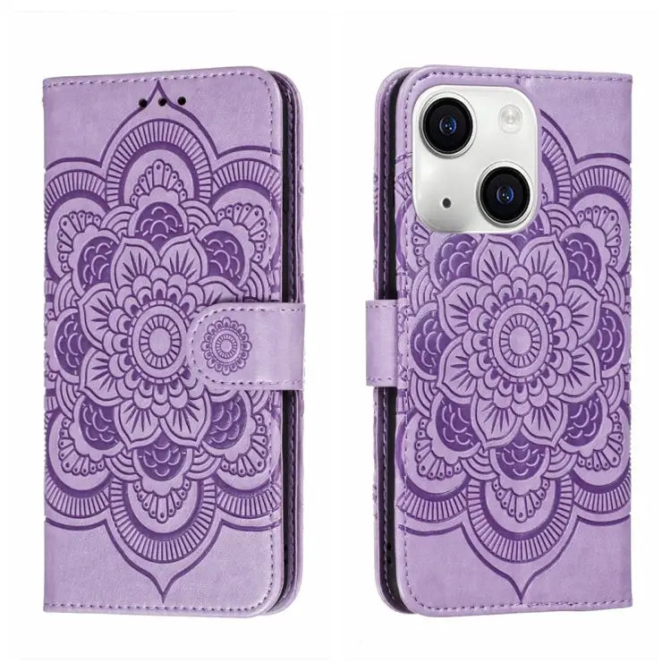 Sun Mandala Embossing Leather Phone Case For iPhone 15 Pro For iPhone 15 Plus For iPhone 15 - For iPhone 15 / Purple
