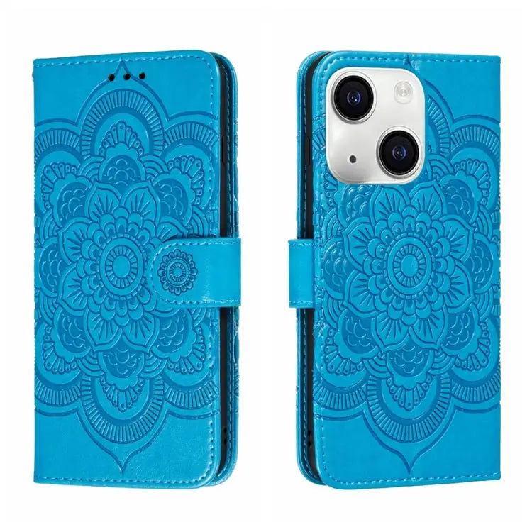 Sun Mandala Embossing Leather Phone Case For iPhone 15 Pro For iPhone 15 Plus For iPhone 15 - For iPhone 15 Plus / Blue